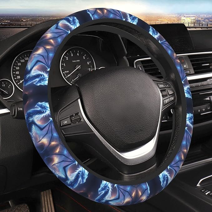 Cool Dragon Blue Car Steering Wheel Cover, 15 Inch Steering Wheel Cover Stylish Decor for Most Cars