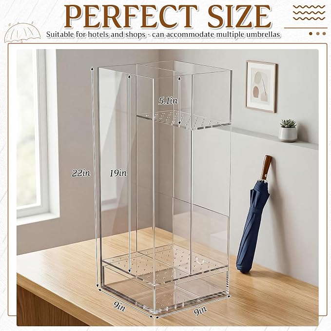 Leinuosen 9 x 9 x 22 Inch Clear Acrylic Umbrella Stand Organizer, Thick Freestanding Entryway Umbrella Holder with Long and Short Compartments, Modern Storage Rack for Home, Office and Lobby