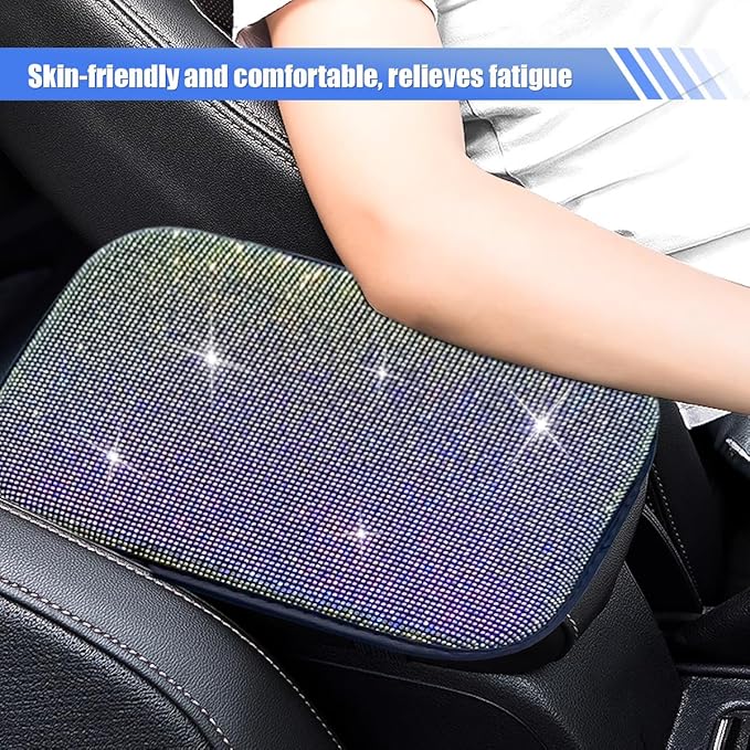 11.9''×8.4'' Bling Car Center Console Cover, Crystal Rhinestone Arm Rest Protective Cushion Pad, Diamond Soft Elbow Pillow, Auto Interior Decoration Accessories for Women Girls (Colorful)