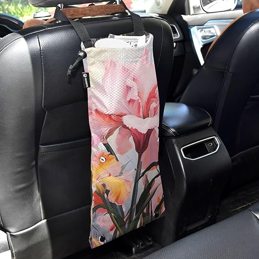 ALAZA Hanging Car Trash Bags Garbage Bag Trash Can for Back Seat Small Flower Floral 10 Washable Storage Bag Retractable 2 Pack