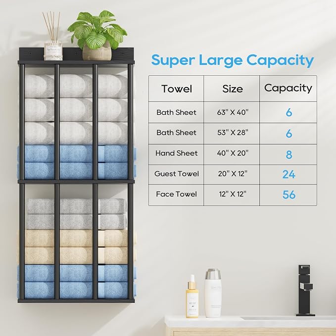 Towel Racks for Bathroom Wall Mounted, Updated 4 Bar Wall Towel Holder | Large Bathroom Towel Storage Rack for Rolled Towels, Modern Metal Towel Organizer Shelf with Wooden Storage Shelf