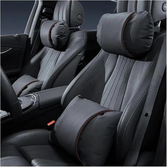 1/2PCS PU Leather Car Neck Pillow & Lumbar Support Cushion, Breathable Universal Seat Headrest Waist Pad, Soft Support Cushion for Daily Driving and Travel(E Style)