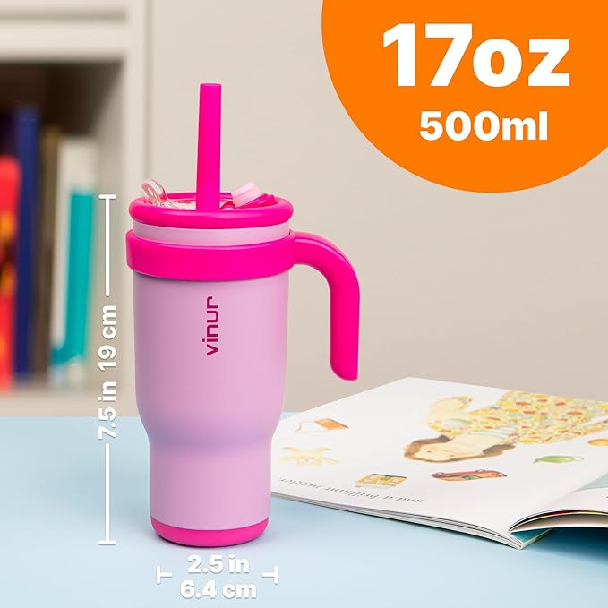 VINUR Kids Insulated Tumbler with Handle-Spill Proof & Leak Resistant-18/8 Stainless Steel Vacuum Water Cup with Straw Lid and Silicone Base-Cup Holder Friendly, 17 oz-Purple Pink