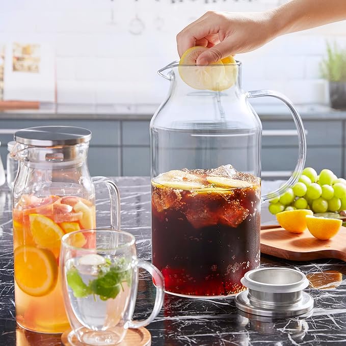 Bivvclaz 2.6 Liter 88 oz Glass Pitcher with Lid and Handle, Glass Water Carafe for Hot/Cold Water, Iced Tea Pitcher, Large Pitcher for Coffee, Juice and Homemade Beverage