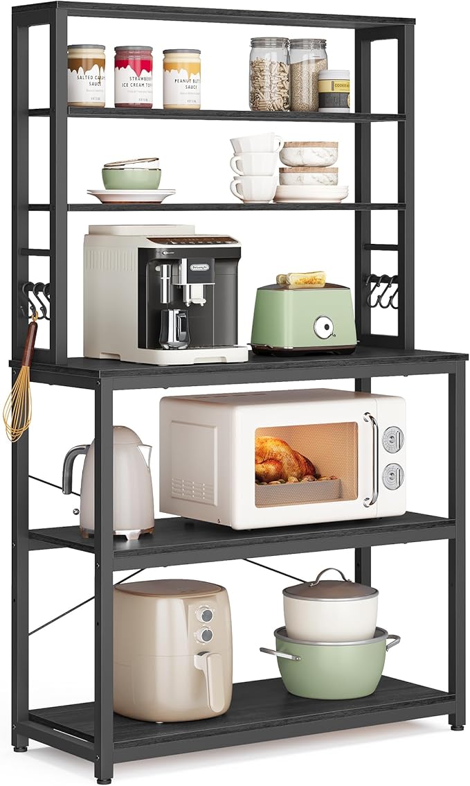VASAGLE Coffee Bar, 31.5 Inches Baker's Rack for Kitchen with Storage, 6-Tier Kitchen Shelves with 6 Hooks, Microwave Stand, Industrial, Charcoal Gray and Ink Black UKKS019B22