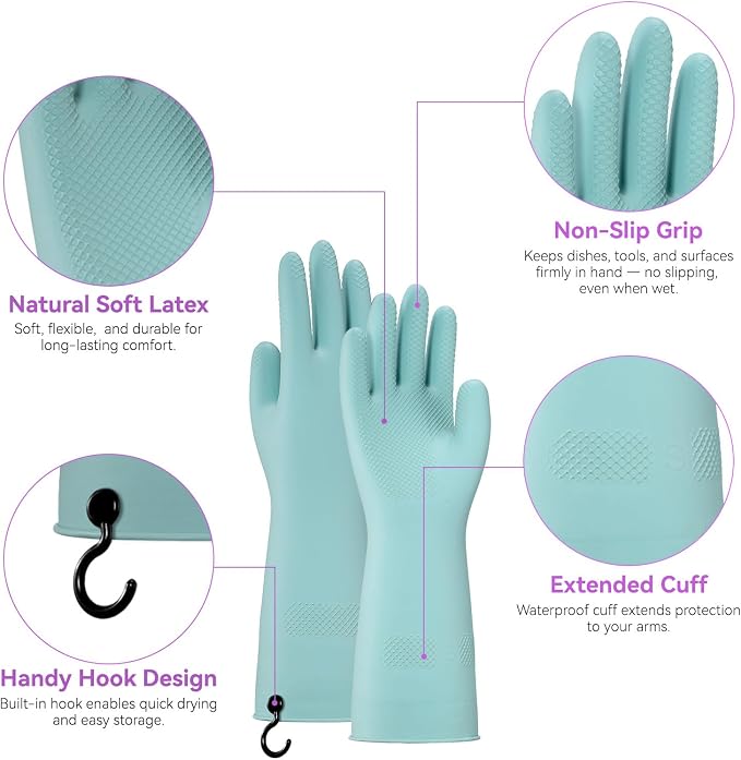 Dishwashing Rubber Gloves for Cleaning – 4 Pairs Kitchen Gloves with Handing Hooks Washing Dishes Household Glove - Large
