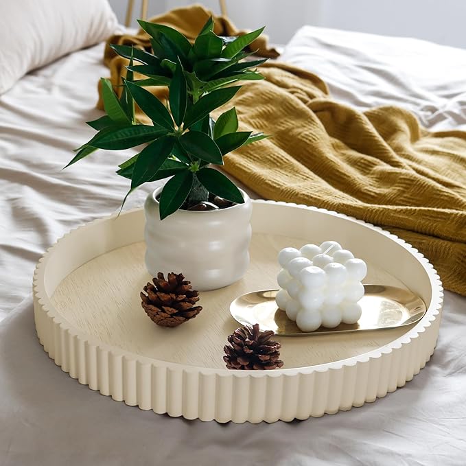Round Decorative Tray for Coffee Table Decor, 11.8in Wood Decorative Serving Tray for Kitchen Counter,bandejas decorativas, Wooden Serving Tray for Party