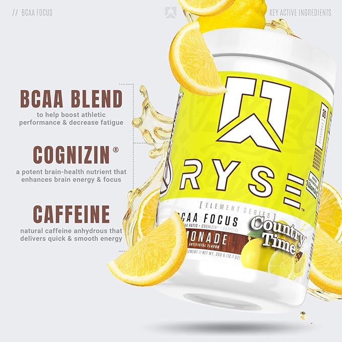 RYSE BCAA Focus Powder - Country Time Lemonade - BCAA Supplement with Electrolytes, Natural Caffeine & Cognizin Supports for Hydration, Recovery, Energy, and Focus for Men & Women - 30 Servings