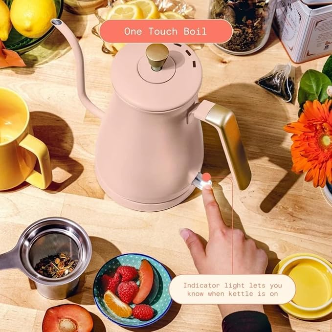 Electric Gooseneck Kettle 1 Liter 1200W, Stainless Steel, Pour Over Coffee Tea, Auto Shut-Off, 360° Cordless Power Base (Rose)