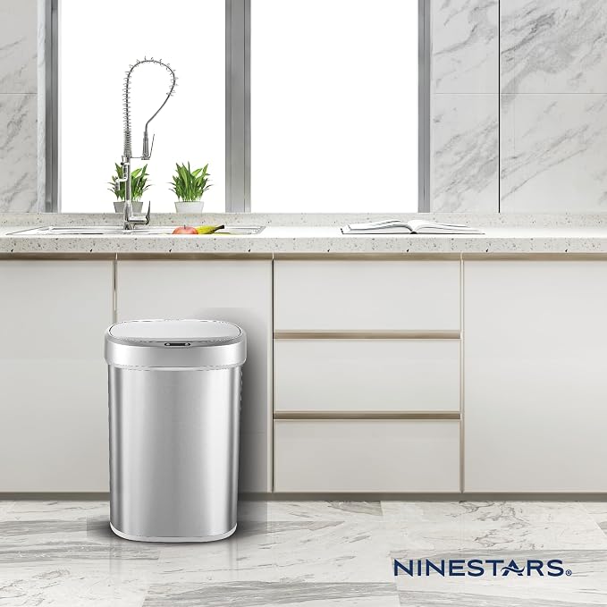 Ninestars DZT-50-49 Automatic Touchless Motion Sensor Oval Trash Can with Black Top, 13 gallon/50 L, Stainless Steel