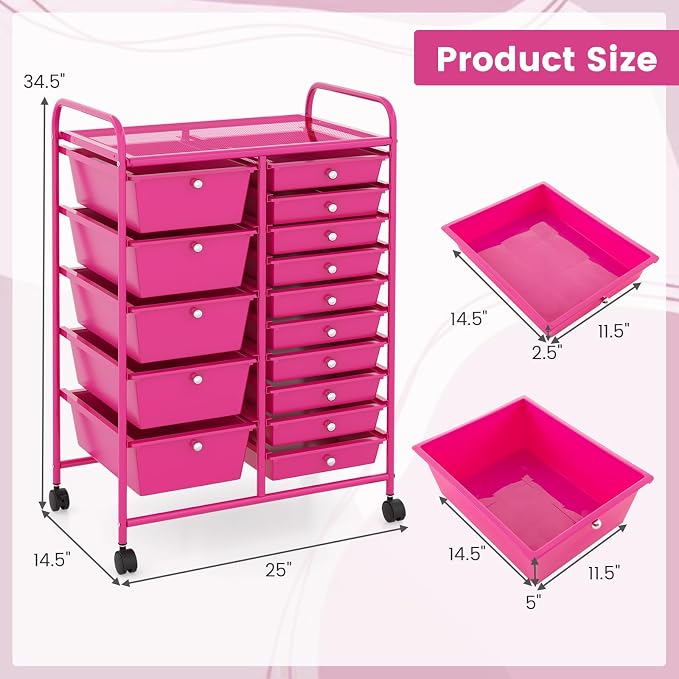 GOFLAME 15-Drawer Rolling Storage Cart, Craft Storage Cart with Removable Drawers & Lockable Wheels, Art Cart Supply Storage Organizer for Home Office Classroom, Hot Pink