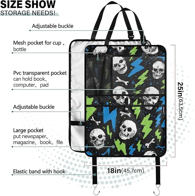 2 Pack Back Seat Car Organizer with Storage Pockets Kick Mats Back Seat Protector Hanging Car Organizer Automotive Seat Back Cover Organizers Skull Lightning Colorful