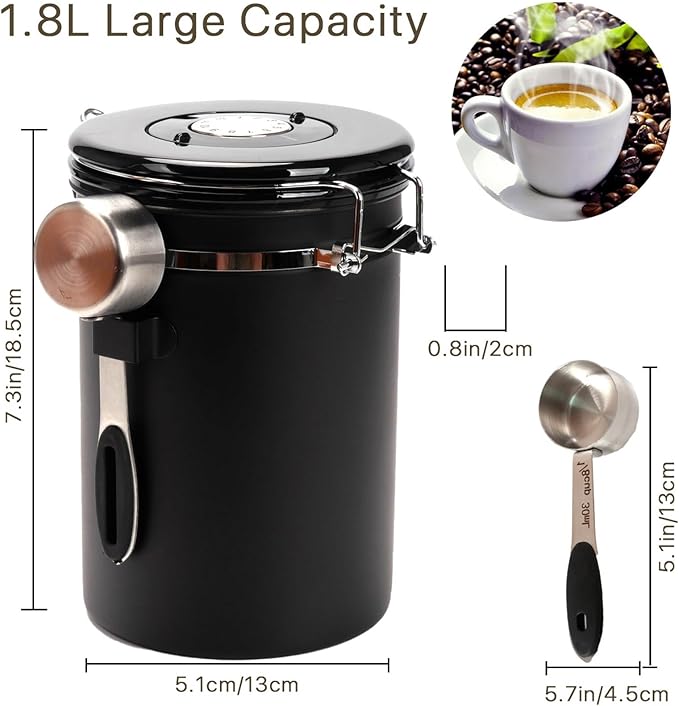 SUEIANNMN1.8L Coffee Canister Airtight, 26oz Coffee Storage Container Stainless Steel Air Tight Coffee Jar with Scoop, Date Tracker, 2 Extra CO2 Release Valve for Beans Ground Tea Flour Sugar (Black)