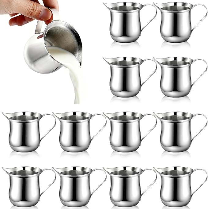 SHENLIU 12 Pack 3 oz Creamer Pitcher, Mini Stainless Steel Bell Creamers Espresso Pouring Cup Wide Mouth Pitcher with Pouring Spout for Milk Coffee Jam Sauces Syrup