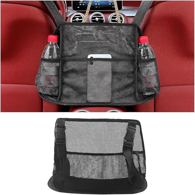 Car Net Pocket Handbag Holder, Mesh Vehicle Driver Storage Organizer Bag Purse Holder Between Two Seat, Automotive Backseat Barrier for Kids Pets, Universal for Truck SUV Sedan