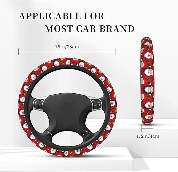 Red Santa Pattern Universal Fit Steering Wheel Cover for Car, Truck, and SUV, Durable Steering Wheel Protection