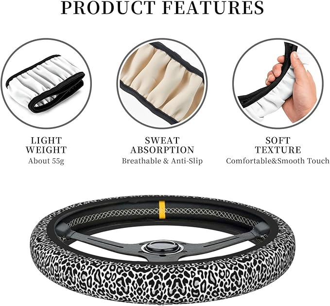 Black and White Leopard Print Universal Fit Steering Wheel Cover for Car, Truck, and SUV, Durable Steering Wheel Protection