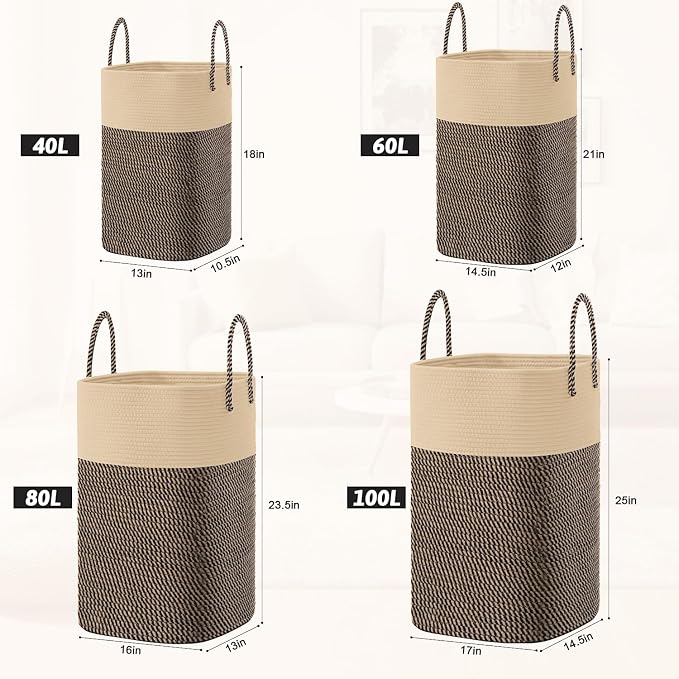 Laundry Basket,Woven Cotton Rope Laundry Hamper,Versatile Storage for Dirty Clothes,Baby Toys,and Blankets in Bathroom, Nursery,and Living Room (Jute, 80L)