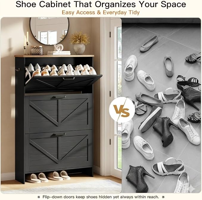 Nicetree Barn Door Shoe Cabinet for Entryway, 3 Flip Drawers Ultra Slim Shoe Storage Cabinet, 3-Tier Adjustable Shelves Shoe Organizer, Narrow Shoe Rack for Small Spaces