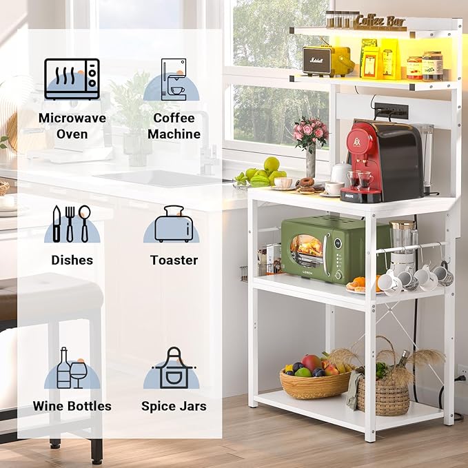 Aheaplus Bakers Rack with Power Outlet, Microwave Stand, 5 Tiers Coffee Bar Station with Led Lights, Kitchen Storage Shelf with 6 S-shaped Hooks, Kitchen Rack for Spices, Pots and Pans, White