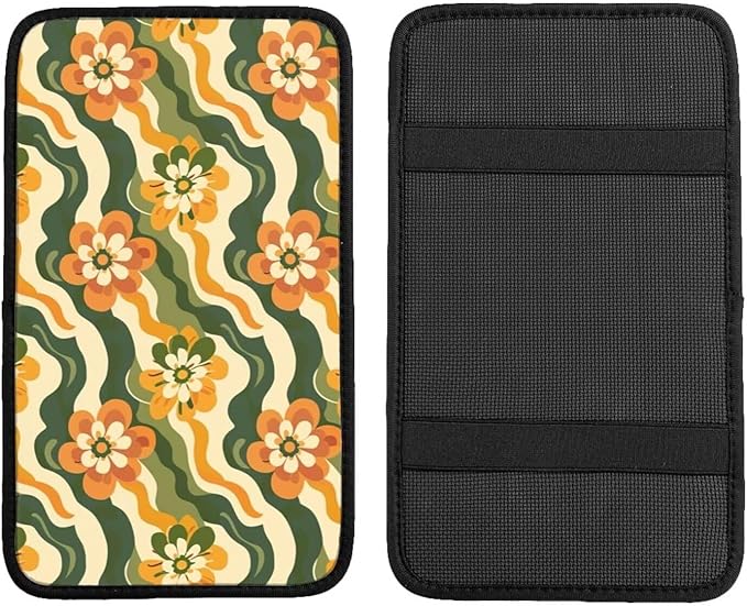 Boho Daisy Center Console Armrest Cover Hippie Car Center Console Pad Yellow Green Stripe Automotive Decor Accessories Arm Rest Seat Box Covers