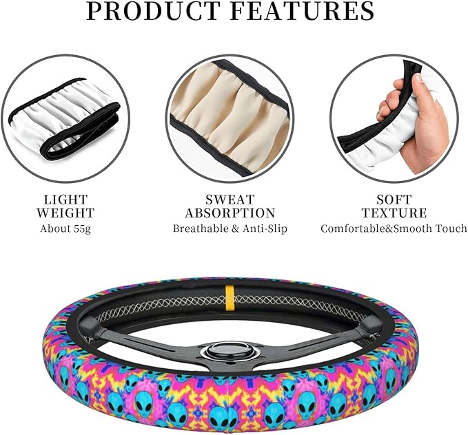Psychedelic Aliens Neoprene Steering Wheel Covers Women Men Car Accessories, Universal 15 Inch Fit Auto, Suvs, Truck