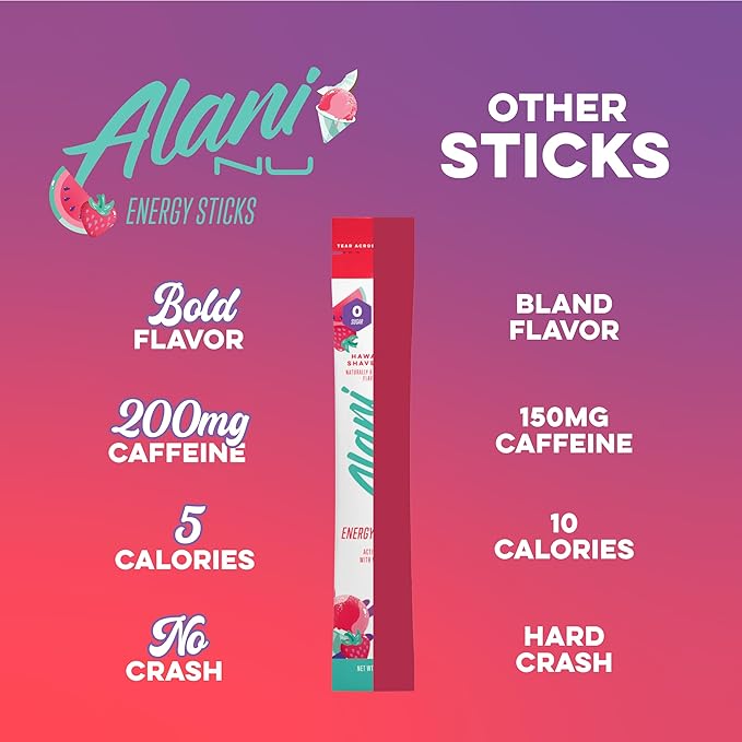 Alani Nu HAWAIIAN SHAVED ICE, Energy Sticks Drink Powder, 200mg Caffeine, Pre Workout Performance with Antioxidants, On-The-Go Drink Mix, Biotin, B Vitamins, Zero Sugar, 5 Calories, 10 Pack