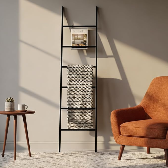 6-Tier Blanket Ladder 68 Inch Wall-Leaning Towel Rack for Living Room and Bedroom, Easy Assembly - Black