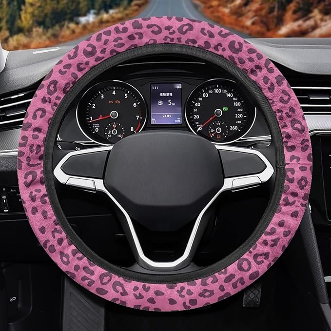 Universal Non-Slip Steering Wheel Cover, 15-inch Polyester Material Driving Accessories, Adjustable for Car and Truck(Rose Pink Leopard)
