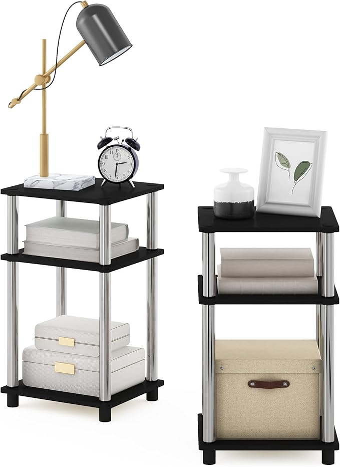 Furinno JUST Side Table Set of 2, 3-Tier End Tables, Open Shelves Night Stand, Nightstand, Toolless Assembly, for Living Room, Bedroom, Americano/Stainless Steel