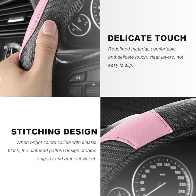 Car Steering Wheel Cover, 15 Inch Carbon Fiber Elastic Vehicle Steering Wheel Protector, Breathable Leather Auto Wheel Covers for Women Men, Interior Car Accessories (Black & Pink)
