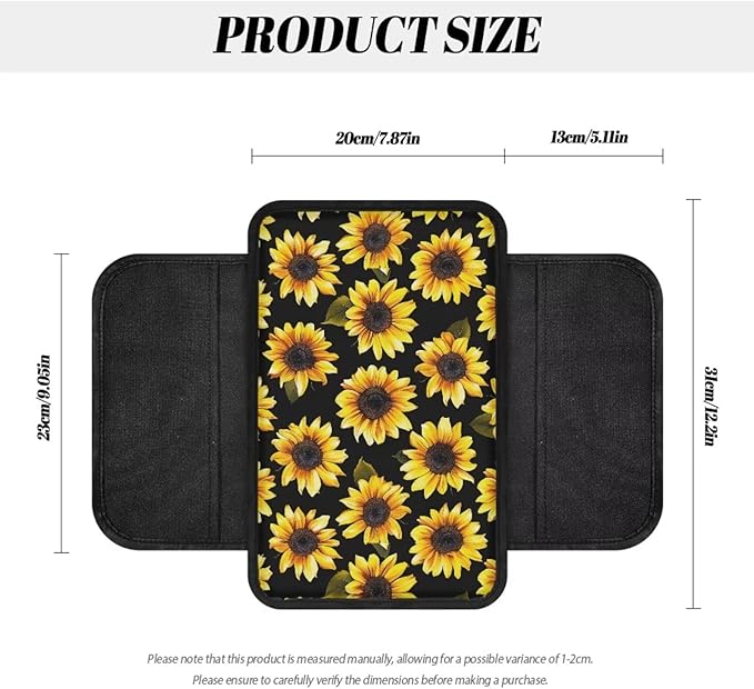 BIGCARJOB Sunflower Car Center Console Cover with Side Storage Auto Interior Accessories Cute Sunflower Print Car Armrest Seat Box Cover Cushion Universal Car Armrest Organizer