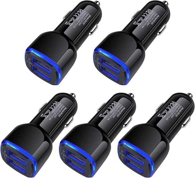USB Car Charger,5Pack 2.4A Dual Port USB Cigarette Lighter Car Phone Charger Plug Car Adapter for iPhone 17Pro Max Air 16 15 14 13 12 SE 11 Pro Max,Samsung Galaxy S25 A17 A16 A15 A14 S24 S23 S22 Ultra