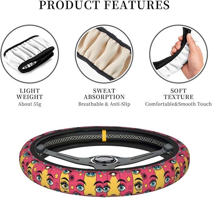 Colorful Eyes Art Neoprene Steering Wheel Covers Women Men Car Accessories, Universal 15 Inch Fit Auto, Suvs, Truck