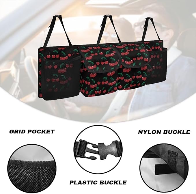 Cherry Car Trunk Organizer, Large Capacity Backseat Trunk Organizer with 4 Pocket, Backseat Hanging Car Storage Organizer Foldable Cargo Storage with Adjustable Straps Universal