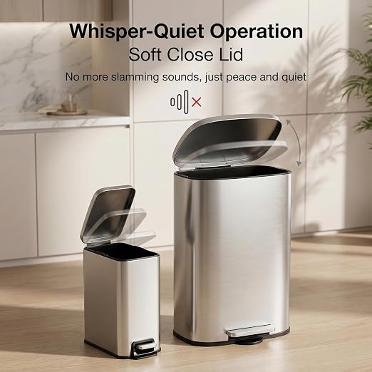 13 Gallon Trash Can (50L) and 1.6 Gallon (6L) Kitchen Trash Can Combo Set, Stainless Steel Garbage Can with Lid and Step-on Pedal, Soft Close Waste Bin with Inner Bucket for Home & Office