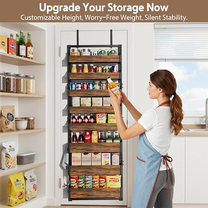 Over the Door Pantry Organizer: Pantry Organization and Storage with Hanging Basket - 8-Tier Adjustable Shelves Metal Spice Rack for Kitchen Laundry Room Bedroom & Bathroom