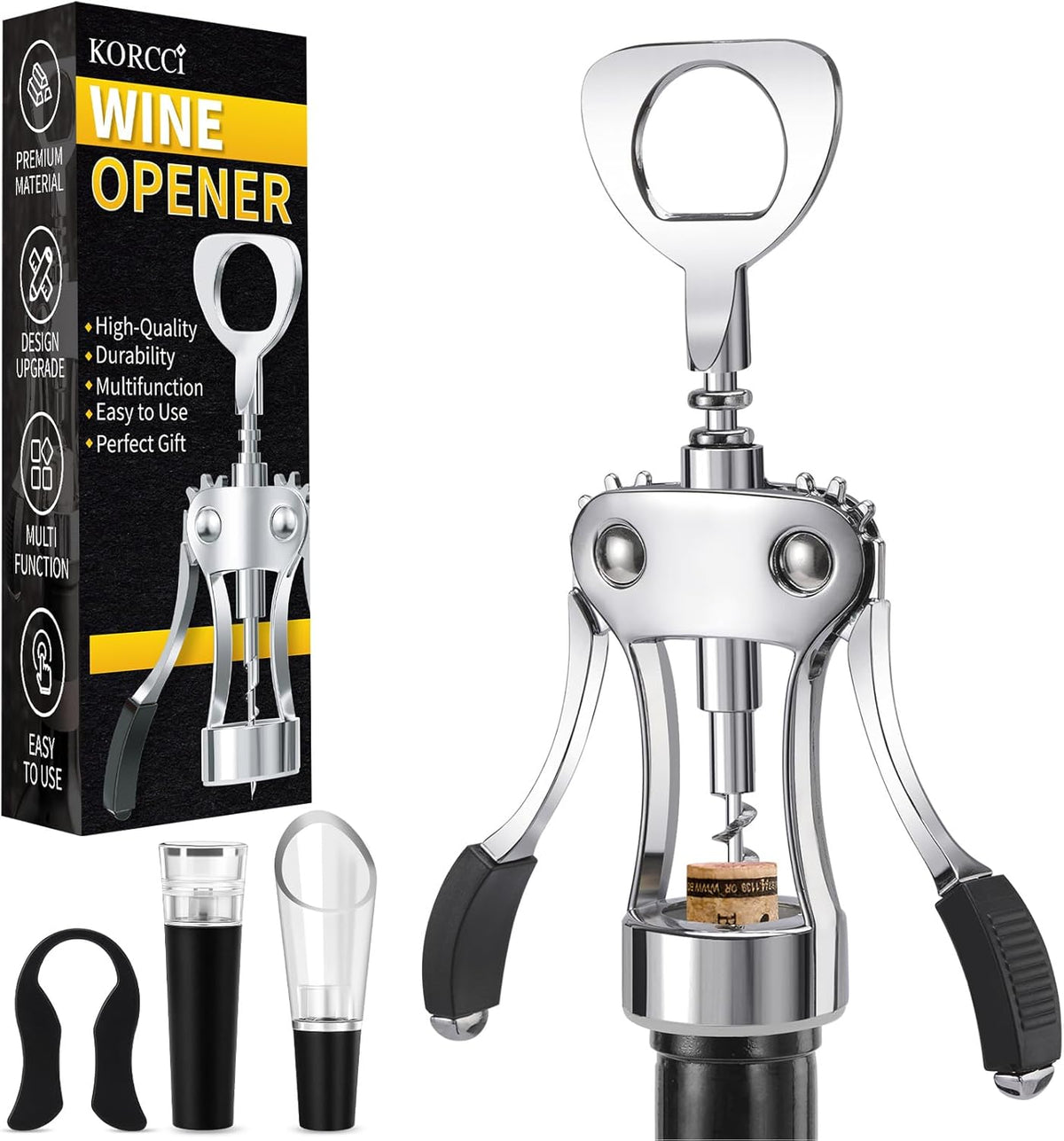KORCCI Wine Opener, Heavy-Duty Zinc Alloy Wing Corkscrew, Premium Beer Bottle Opener, Multifunctional Wine Accessories with Ergonomic Handle and Sharp Screw, for Kitchen, Bar, Restaurant, Bartenders
