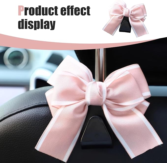 2 PCS Bow Car Headrest Hooks, Cute Bow Back Seat Decorative Hanger, Multi-function Hanging Storage Hook for Purse Bag Umbrella, Portable Interior Organizer for Cars (Pink)