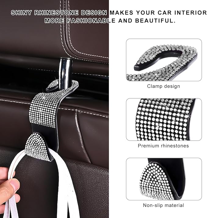 4 PCS Car Seat Headrest Hooks, Bling Crystal Rhinestone Back Seat Hanger Storage Organizer, Sparkly Seatback Holder Hooks for Purse and Bags Universal For Most Vehicles (Silver)