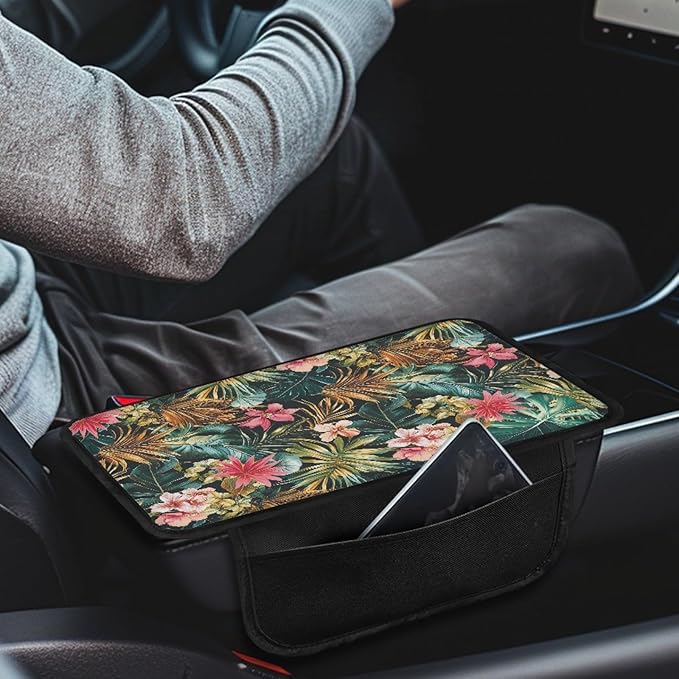 CLOHOMIN Pink Hibiscus Car Center Console Cover Accessories Palm Leaves Armrest Seat Box Cover for Most Car, Truck, and SUV Tropical Automotive Arm Rest Cushion Pad
