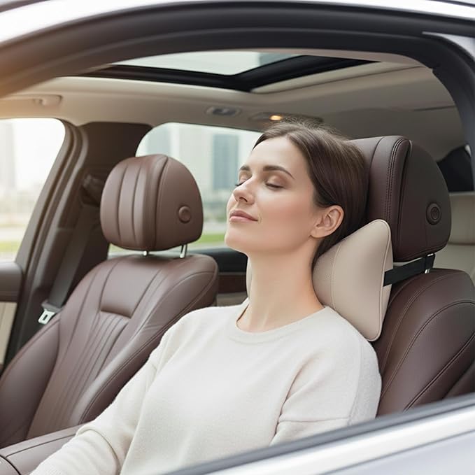 Car Pillow for Car Neck Pillow for Driving Seat Leather Neck Support Soft Cushion Back Support Head-Rests for Vehicle Sleeping with Elastic Adjustment Strap 2PCS (Neck, Beige)