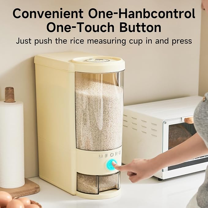 UFORU Rice Dispenser 20 lbs | Large Rice Storage Container for Kitchen&Pantry - Space-saving, Moisture & Pest-proof, BPA-Free - Dry Food Dispenser with One-Touch Dispenser & Measuring Cup for Families