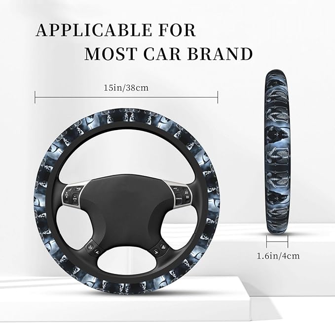 Scary Skulls Car Steering Wheel Cover, 15 Inch Steering Wheel Cover Stylish Decor for Most Cars