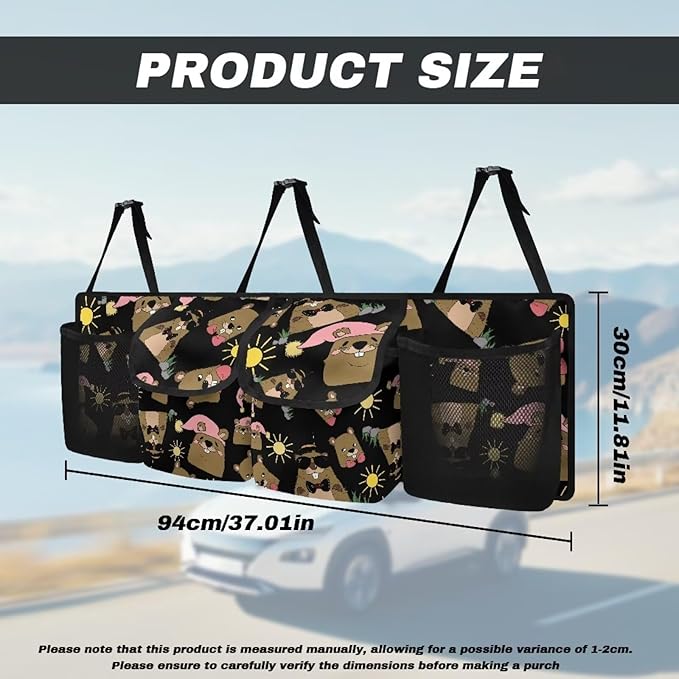 Cute Groundhog Back Seat Trunk Organizer Hanging Car Organizer Trunk Foldable Cargo Storage with 2 Large Storage Bag & 2 Mesh Pockets& 3 Adjustable Straps 37.01x11.81 inch