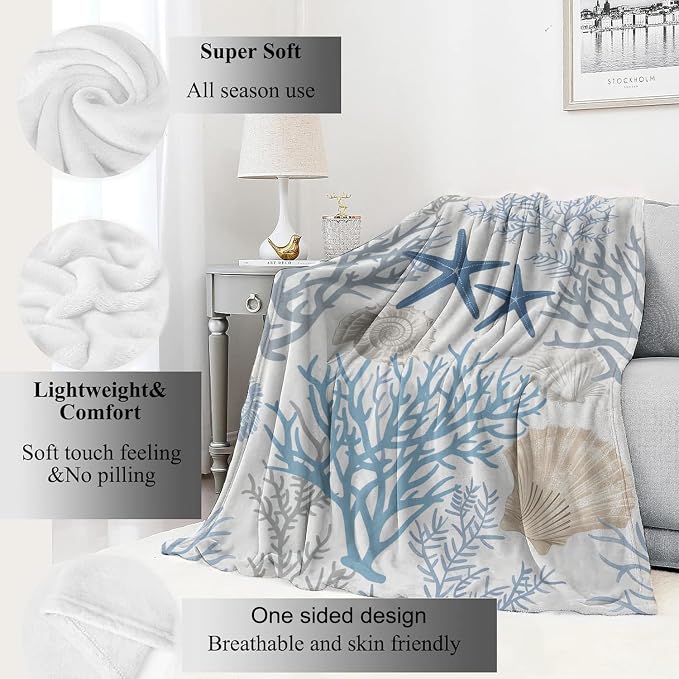 Nautical Coastal Blanket,Ocean Beach Seashell Starfish Throw Blankets,Gifts for Kids & Marine Life Lovers,Lightweight Soft Fleece,for Picnic Sofa Couch Bed Room Travel,Birthday Decor,60x80in
