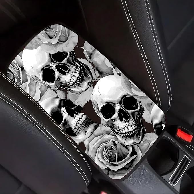 CREATCABIN Skull Auto Center Console Cover Car Armrest Pad Auto Armrest Storage Box Pad Soft Anti-Slip Lines Waterproof Car Accessories Interior with Elastic Band for Vehicle SUV Truck 12.6×7.5in