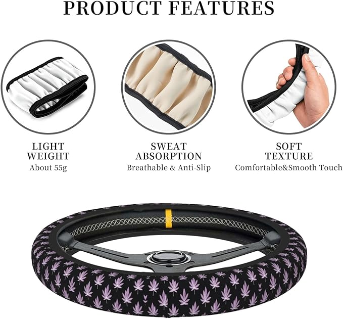 Weed Leaf Pattern Neoprene Steering Wheel Covers Women Men Car Accessories, Universal 15 Inch Fit Auto, Suvs, Truck