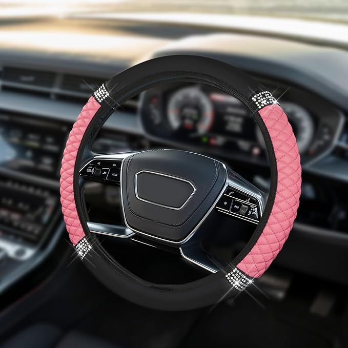 Car Steering Wheel Cover, Steering Wheel Accessories, Breathable Microfiber Leather Auto Wheels Protector, Universal 15 Inch Anti-Slip Protector for SUV Sedan Truck (Bling-Pink)