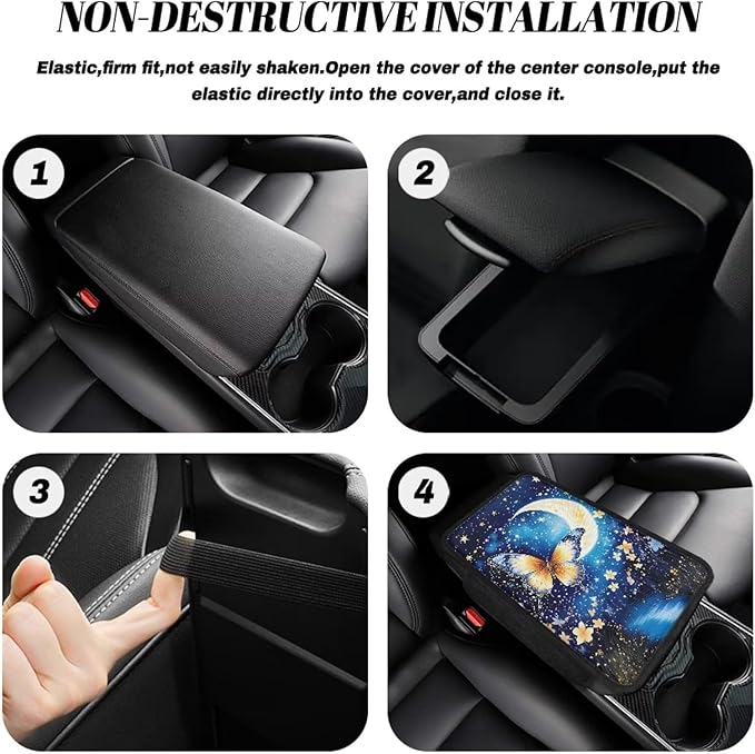 BIGCARJOB Moon Butterfly Center Console Cover for Cars Truck Interior Seat Accessories,Blue Butterfly Print Car Armrest Seat Box Cover Cushion with Side Storage,Universal Fit